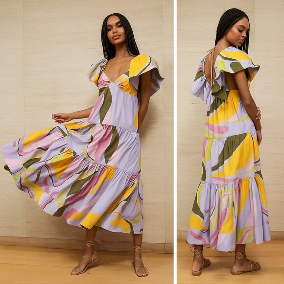 NWT La Ligne Stella Lavender Floral Midi Dress Wedding Pastel Bohemian Size XL - Picture 1 of 8